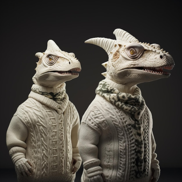 two dinosaurs wearing sweaters and sweaters