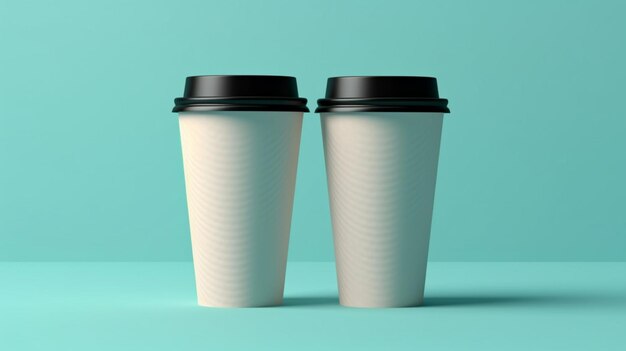 Two disposable paper coffee cup with black lid in the air over blue background Minimal concept 3D