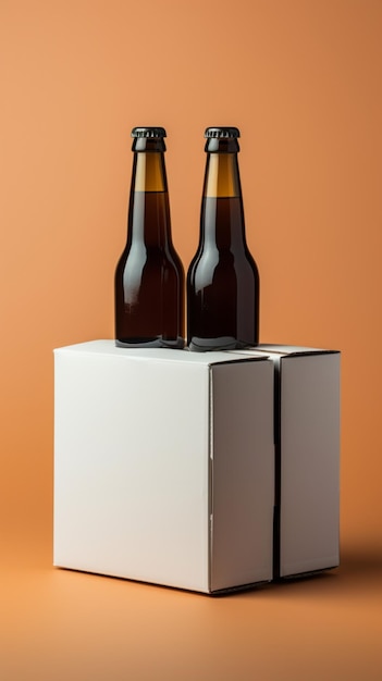 Photo two distinct nonalcoholic beverage bottles accompanied by a white paper box isolated on a toscha ba