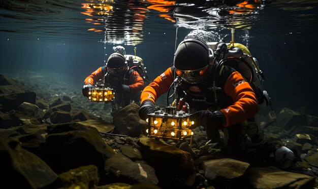 Photo two divers illuminated underwater