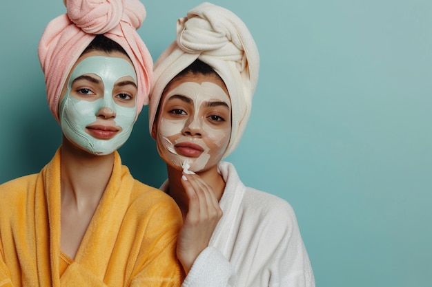 two diverse female friends with towels heads applying face mask isolated plain background skincare