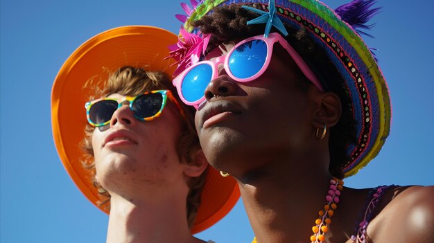 Two diverse friends enjoying a sunny day outdoors