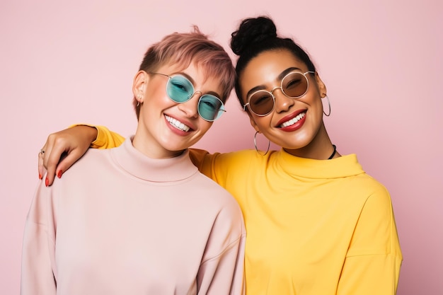 Two diverse happy women having fun together in a studio environment