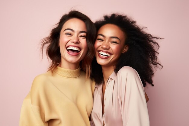 Two diverse happy women having fun together in a studio environment