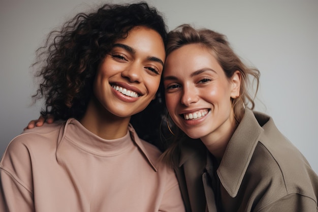 Две разные счастливые женщины улыбаются вместе в студии, женская пара или лучшие друзья