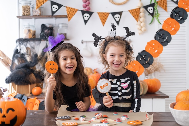 Photo two diverse kids girl in costume of witch, having fun in kitchen, eating cookies, celebrating halloween.
