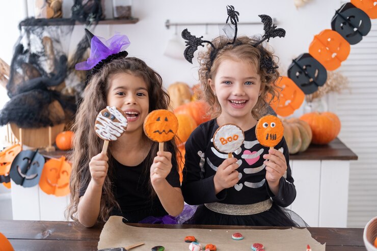 Photo two diverse kids girl in costume of witch having fun in kitchen eating cookies celebrating halloween
