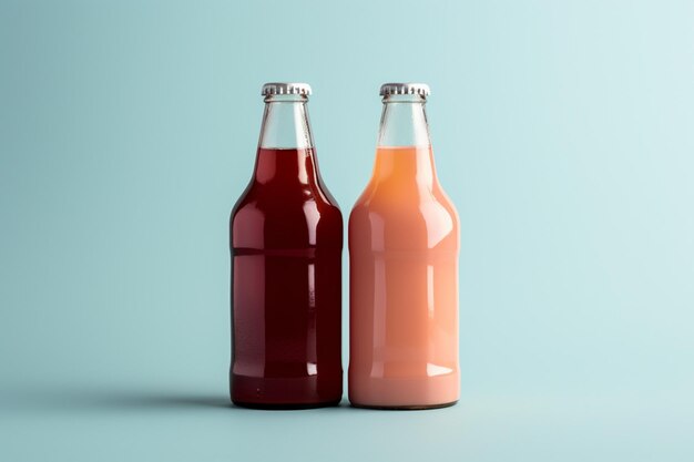 Two diverse nonalcoholic soda bottles with a white paper box on a Toscha background