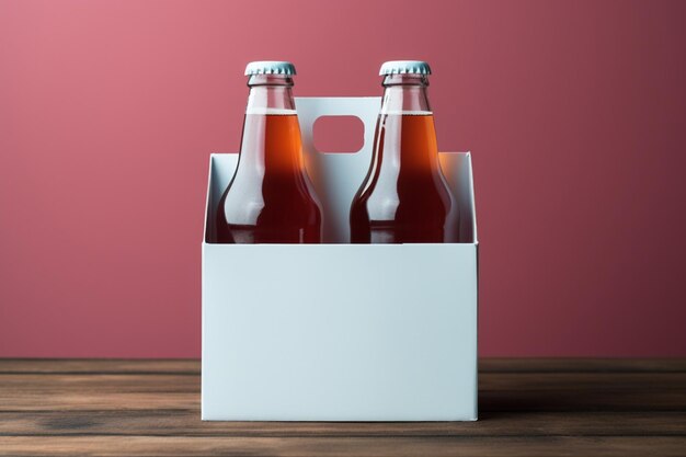 Two diverse nonalcoholic soda bottles with a white paper box on a Toscha background