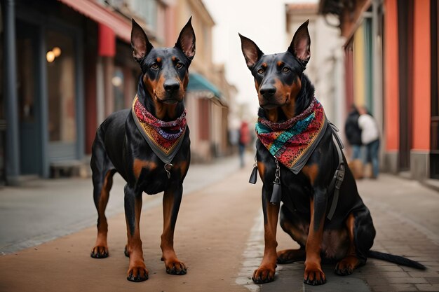two doberman dogs are sitting on a sidewalk one has a scarf around their neck