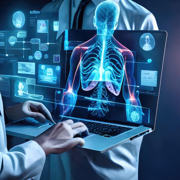 Two doctors are looking at a screen that says'human skeleton'on it