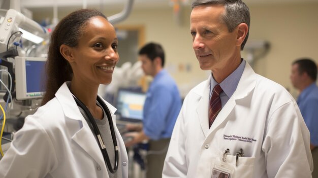 Two doctors are talking in a hospital