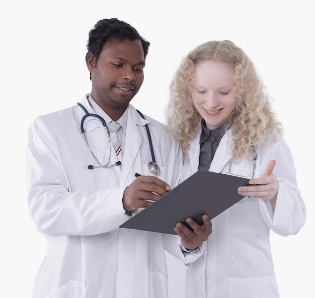 Two doctors discussing a patient's diagnosis isolated on white background