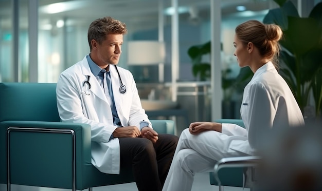 Two doctors talking while sitting in medical office interior