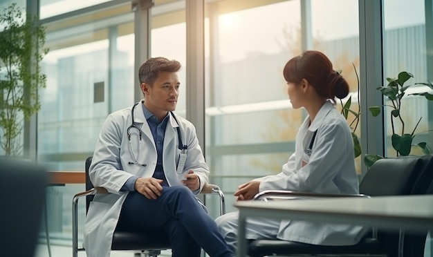 Two doctors talking while sitting in medical office interior