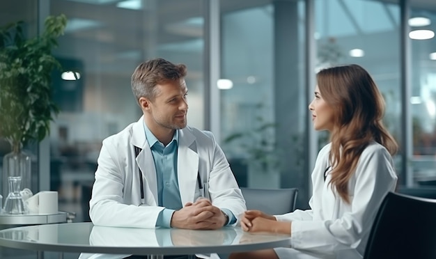 Two doctors talking while sitting in medical office interior