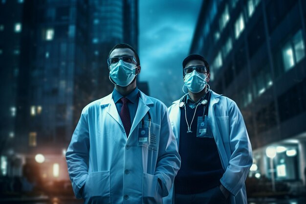 Photo two doctors wearing protective masks standing in front generative by ai