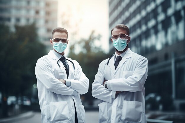 Photo two doctors wearing protective masks standing in front generative by ai