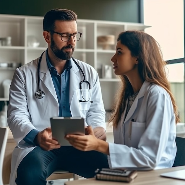 Two doctors in white coats sit at a desk and talk to each other.