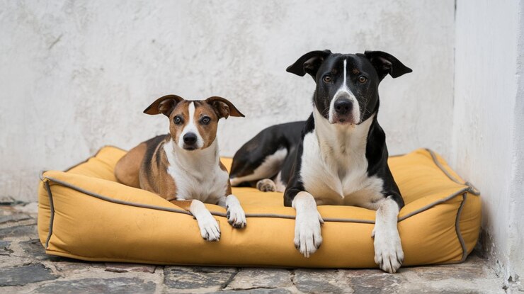 Two Dog Sitting on a yellow dog bed and dog photoshoot