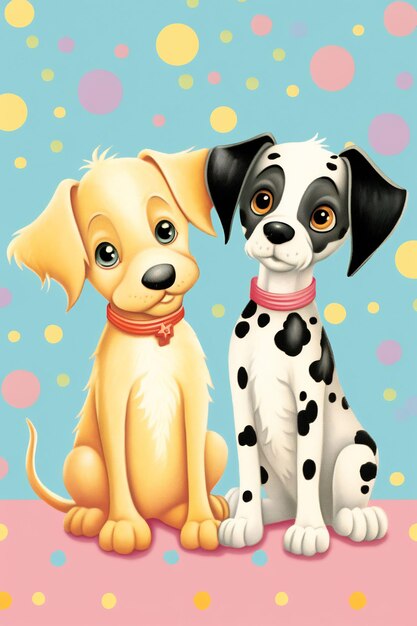 two dogs are posing for a picture with polka dots on the background