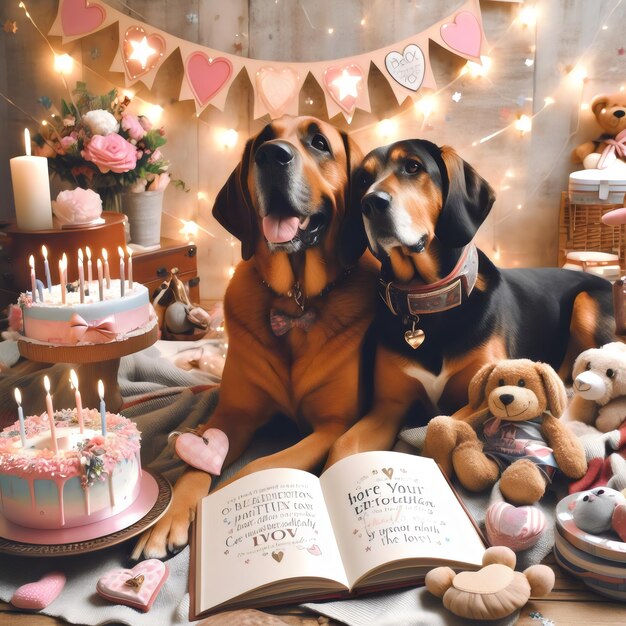 two dogs are sitting next to a cake with a teddy bear and a teddy bear