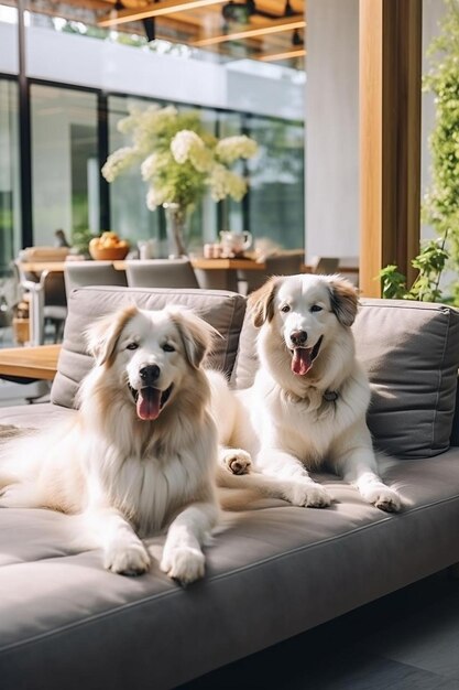 Photo two dogs are sitting on a couch and one has a tag on his collar