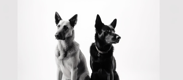 Two dogs are sitting next to each other, one of which is black and white.