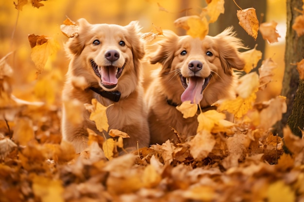 Two dogs are sitting in the leaves in the woods