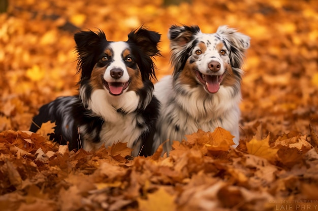 two dogs are sitting in a pile of leaves