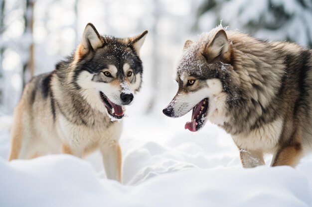 Two dogs are standing in the snow in the woods