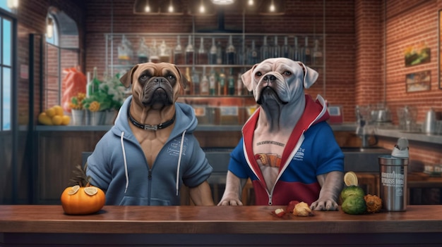 Two dogs at a bar with pumpkins on the table