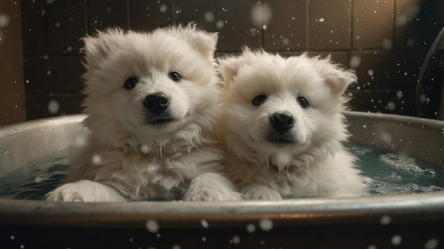 Two dogs in a bathtub with snow falling on them