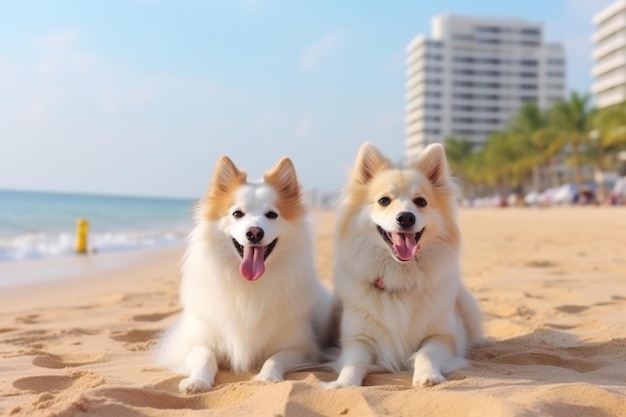 Two dogs on the beach with a building in the background