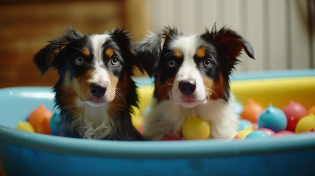 Two dogs in a blue tub