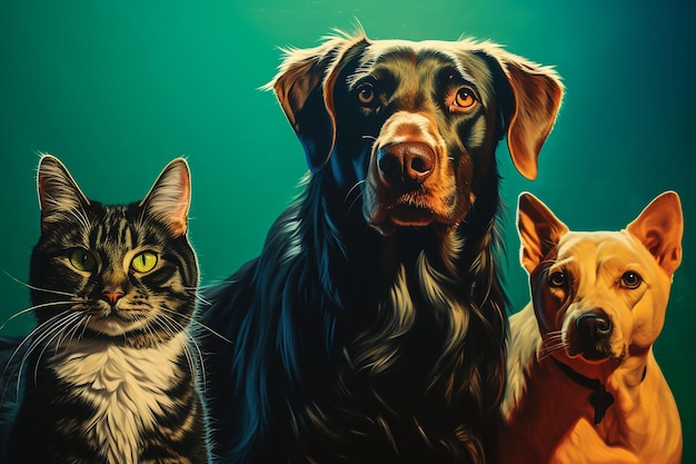 Two dogs and a cat on a green background Poster