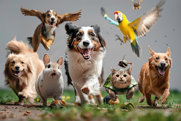 Photo two dogs of different breeds 3 cats of different breeds a parrot a turtle a hamster a rabbit