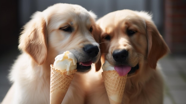 Two dogs eating ice cream from a cone