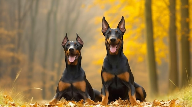 Two dogs in the fall with leaves on the ground
