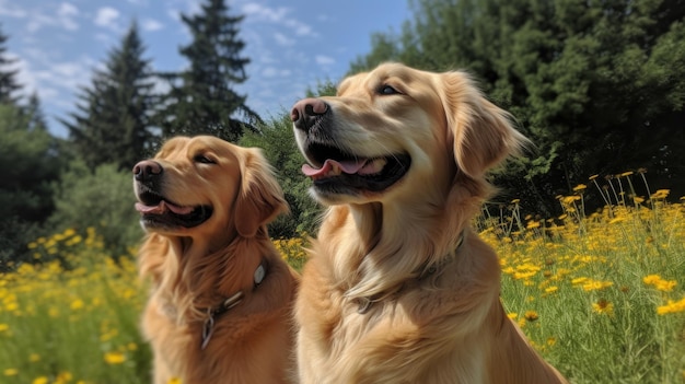 Two dogs in a field of flowers