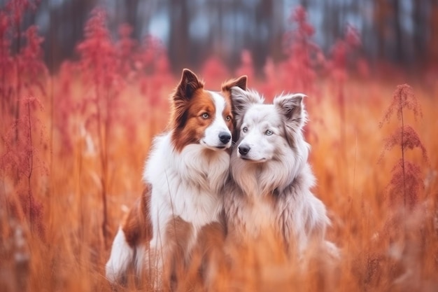 Two dogs in a field with a background of brown grass