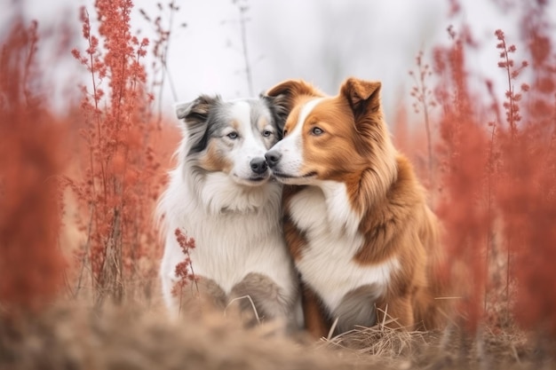 赤い植物のある野原にいる2匹の犬