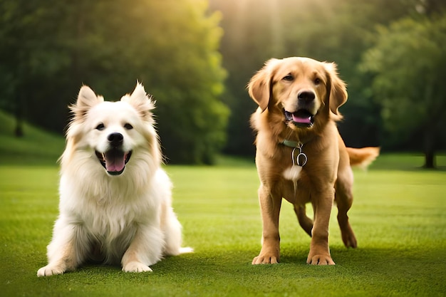 Two dogs on a field with trees in the background