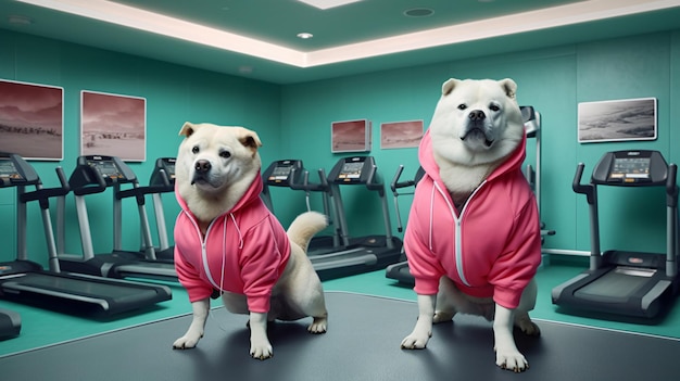 Two dogs in a gym wearing pink hoodies