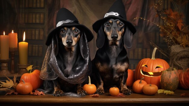 Photo two dogs in halloween costumes in the woods