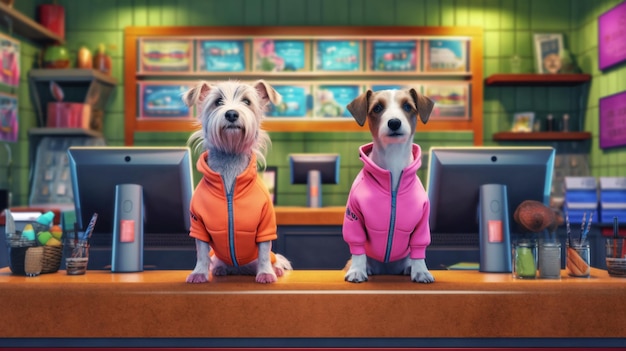 Две собаки в толстовках стоят у стойки перед экраном компьютера.