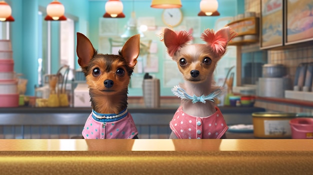 Two dogs in a kitchen with a blue and pink shirt