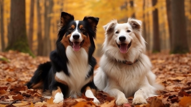 Two dogs laying on the ground in autumn leaves