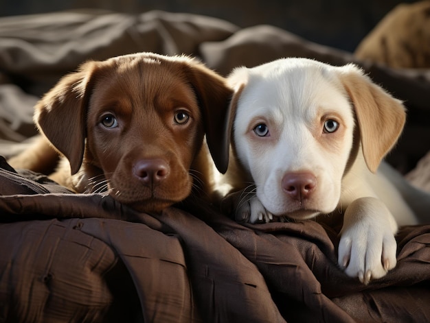 毛布の上に横たわっている2匹の犬