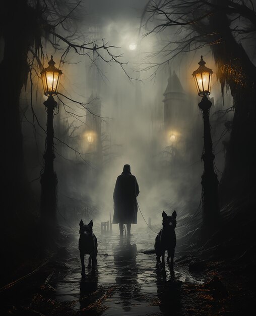 two dogs and a man walking through a fogy street